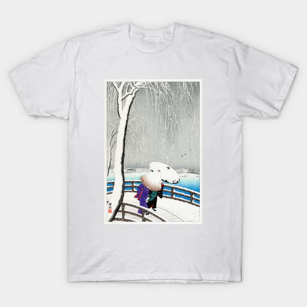 Two women in the snow on Yanagi Bridge - Ohara Koson T-Shirt by Sandra Keller